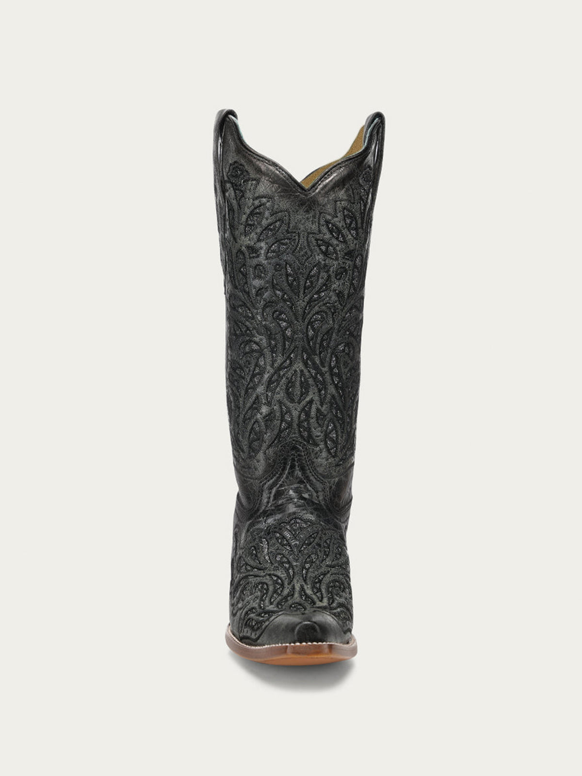 Distressed Black Snip-Toe Glitter Inlay And Embroidery Mid Calf Cowgirl Boots