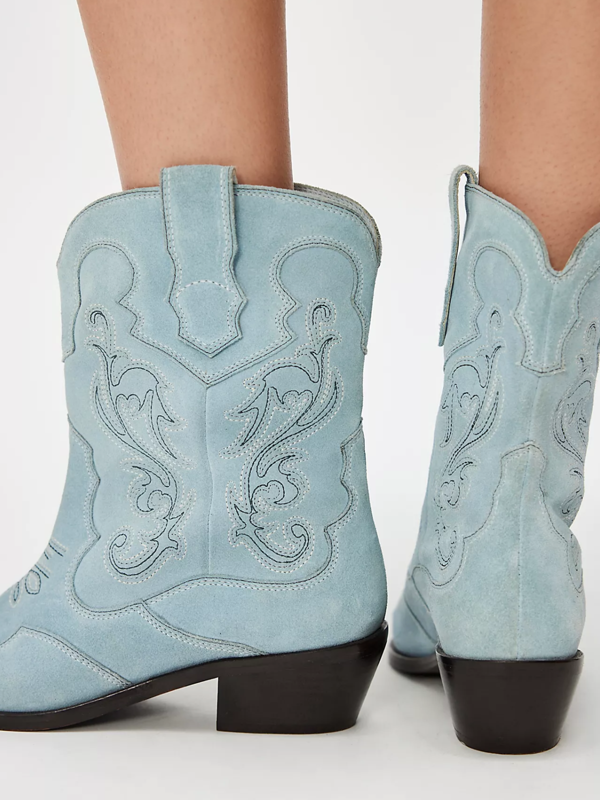 Powder Blue Faux Suede Almond-Toe Embroidery Wide Mid Calf Cowgirl Boots