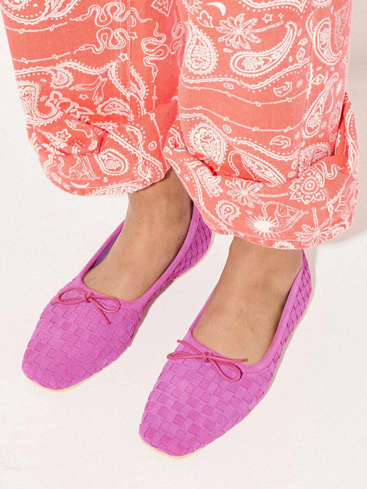 Magenta Woven Faux Suede Square-Toe Front Bow Ballet Flats