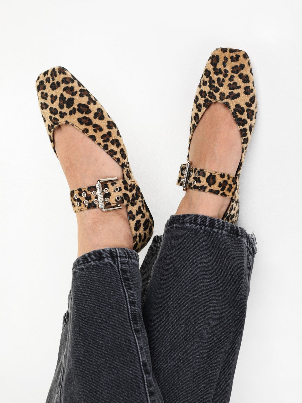 Leopard Print Square-Toe Buckle Bridge Strap With Eyelets Ballet Flats