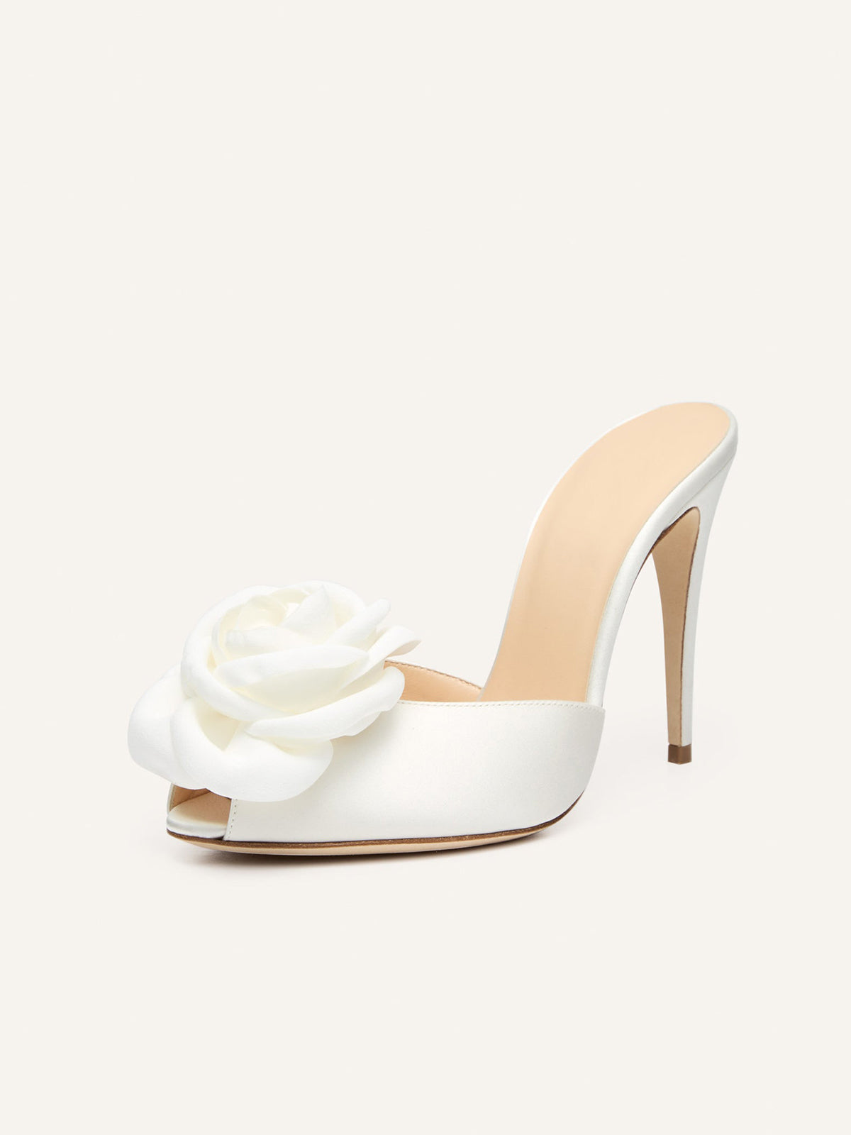 Cream Round-Toe Front Floral Inlay High Heels