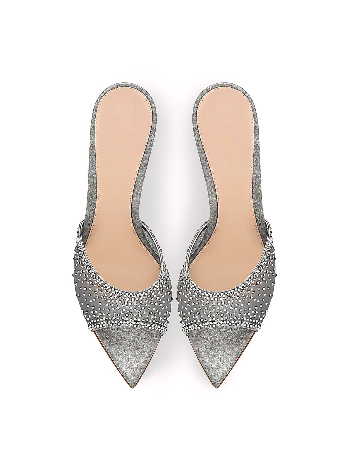 Rhinestones Mesh Open Pointed-Toe Backless Slip-On High Heels – Metallic Gray