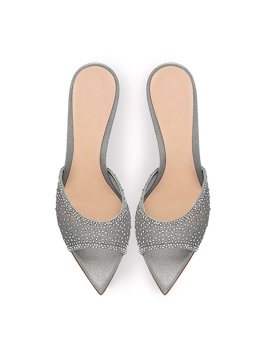 Rhinestones Mesh Open Pointed-Toe Backless Slip-On High Heels – Metallic Gray