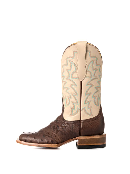 Contrast Bone And Brown Ostrich Print Square-Toe Embroidery Mid Calf Cowgirl Boots