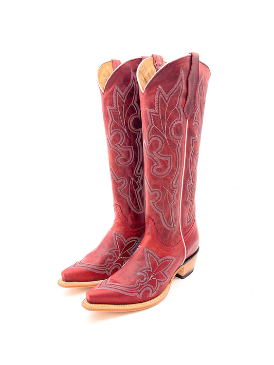 Distressed Red Snip-Toe Classic Embroidery Wide Calf Knee High Cowgirl Boots