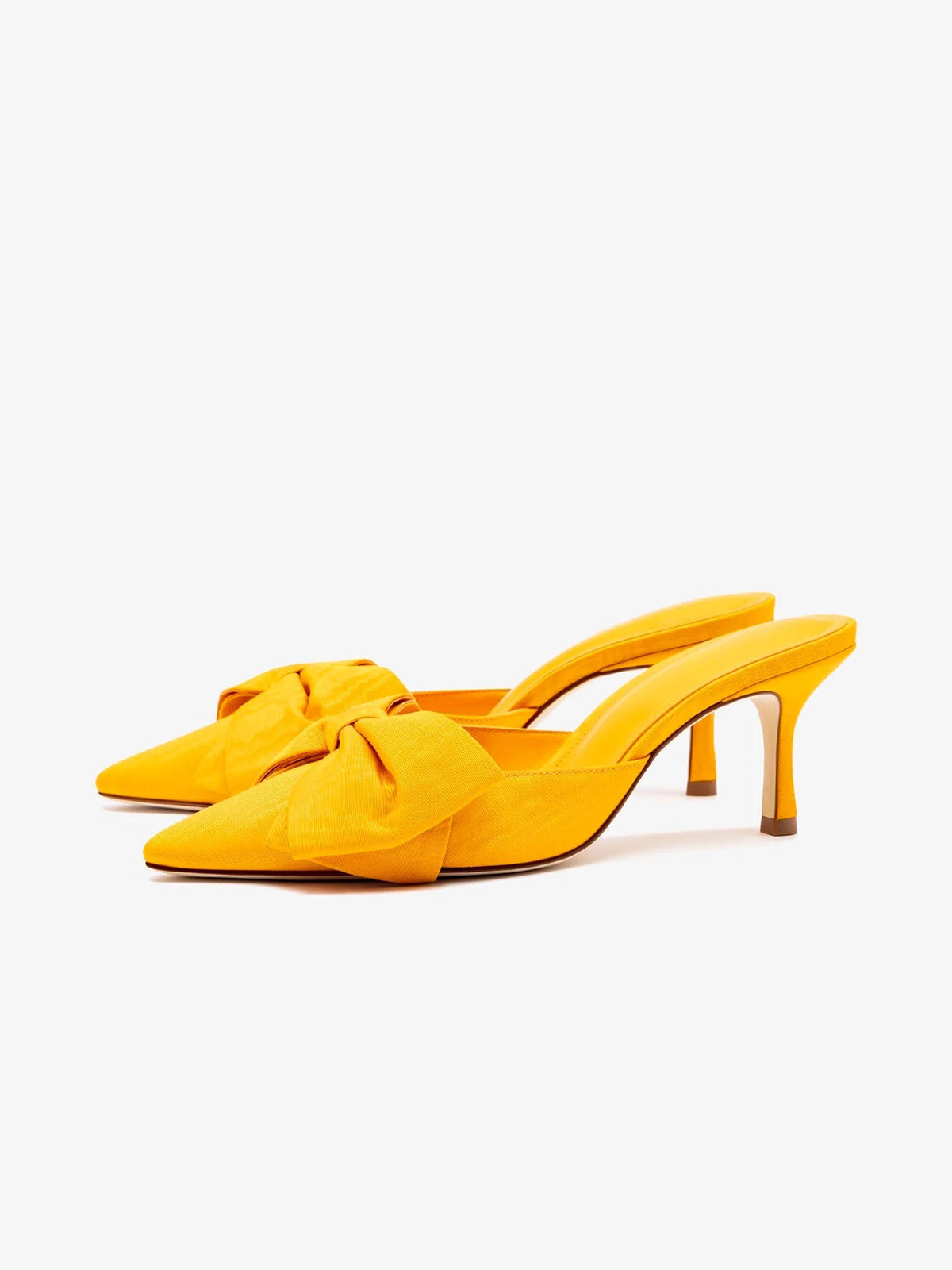 Yellow Satin Pointed-Toe Big Front Bow High Heels