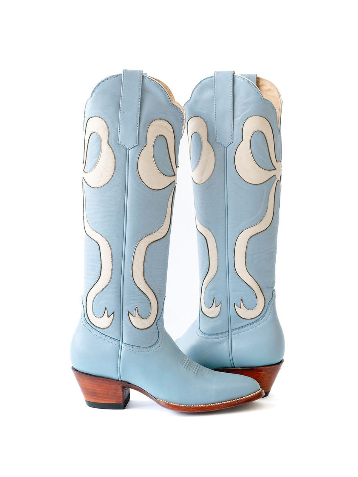 Blue Almond-Toe Wide Calf Western Boots Knee High Tall Boots With White Bowknot Inlay