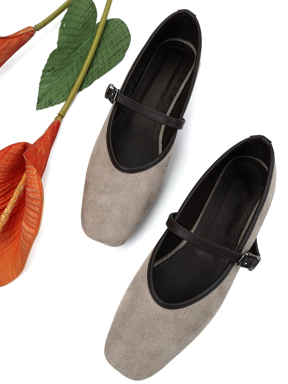 Light Taupe Faux Suede Square-Toe Buckle Bridge Strap Classic Ballet Flats