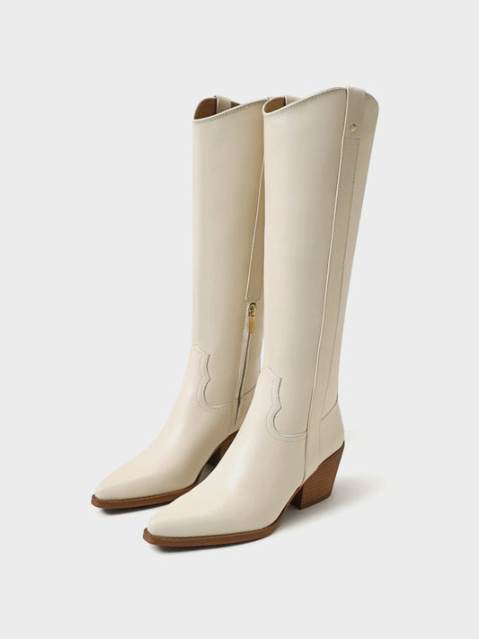 Pointed-Toe Chic Western Half-Zip Knee High Cowgirl Boots - Ivory