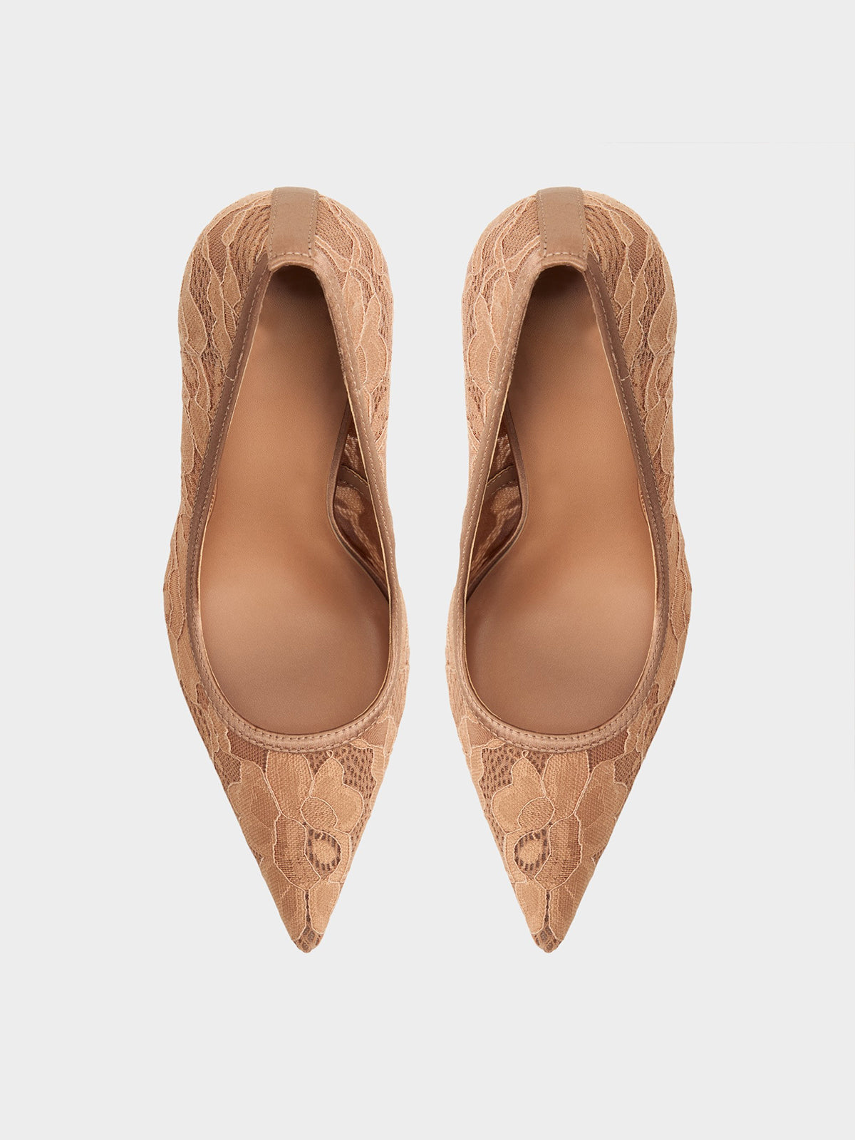 Brown Lace Mesh And Satin Pointed-Toe Slip-On Pumps High Heels