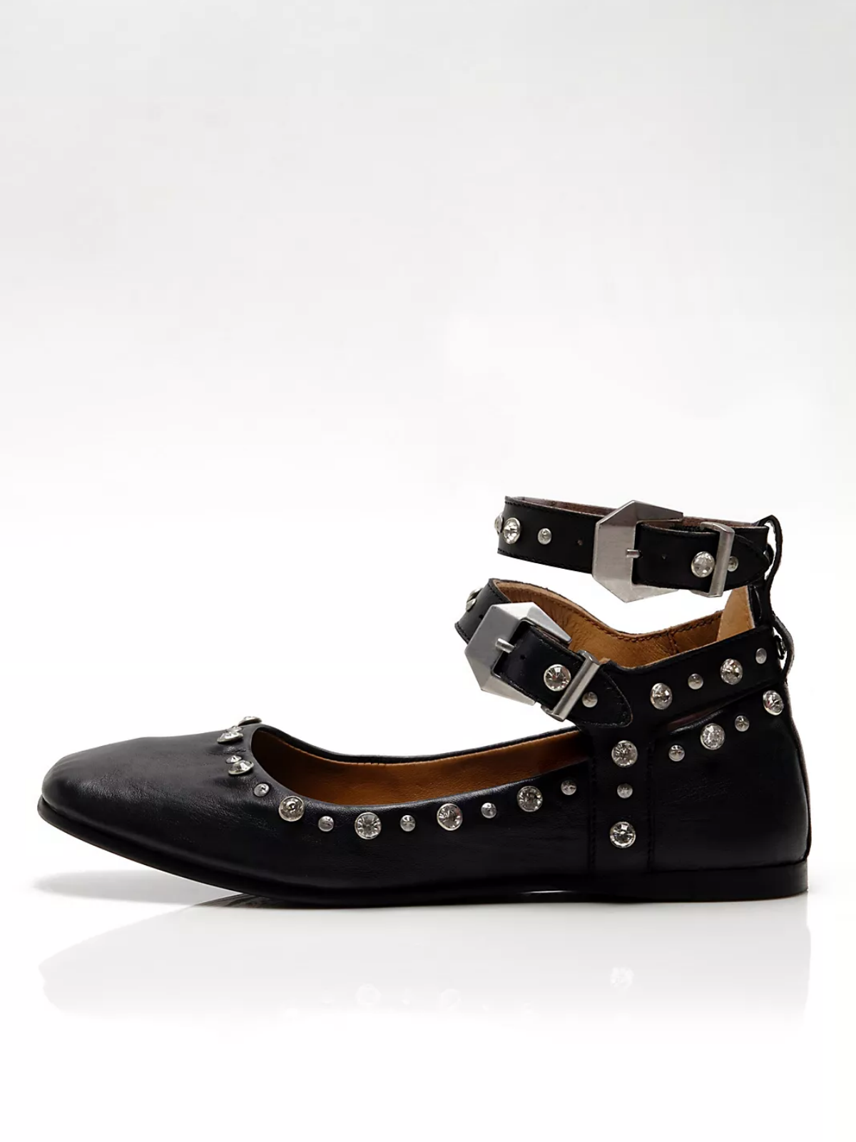 Black Square-Toe Studded Rhinestone Double Buckle Ankle Straps Flats