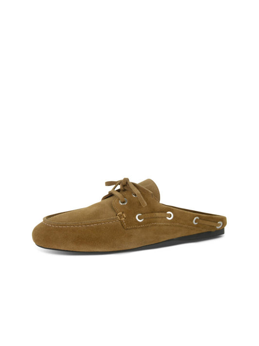 Caramel Faux Suede Round-Toe Lace-Up Backless Boat Shoes Flats