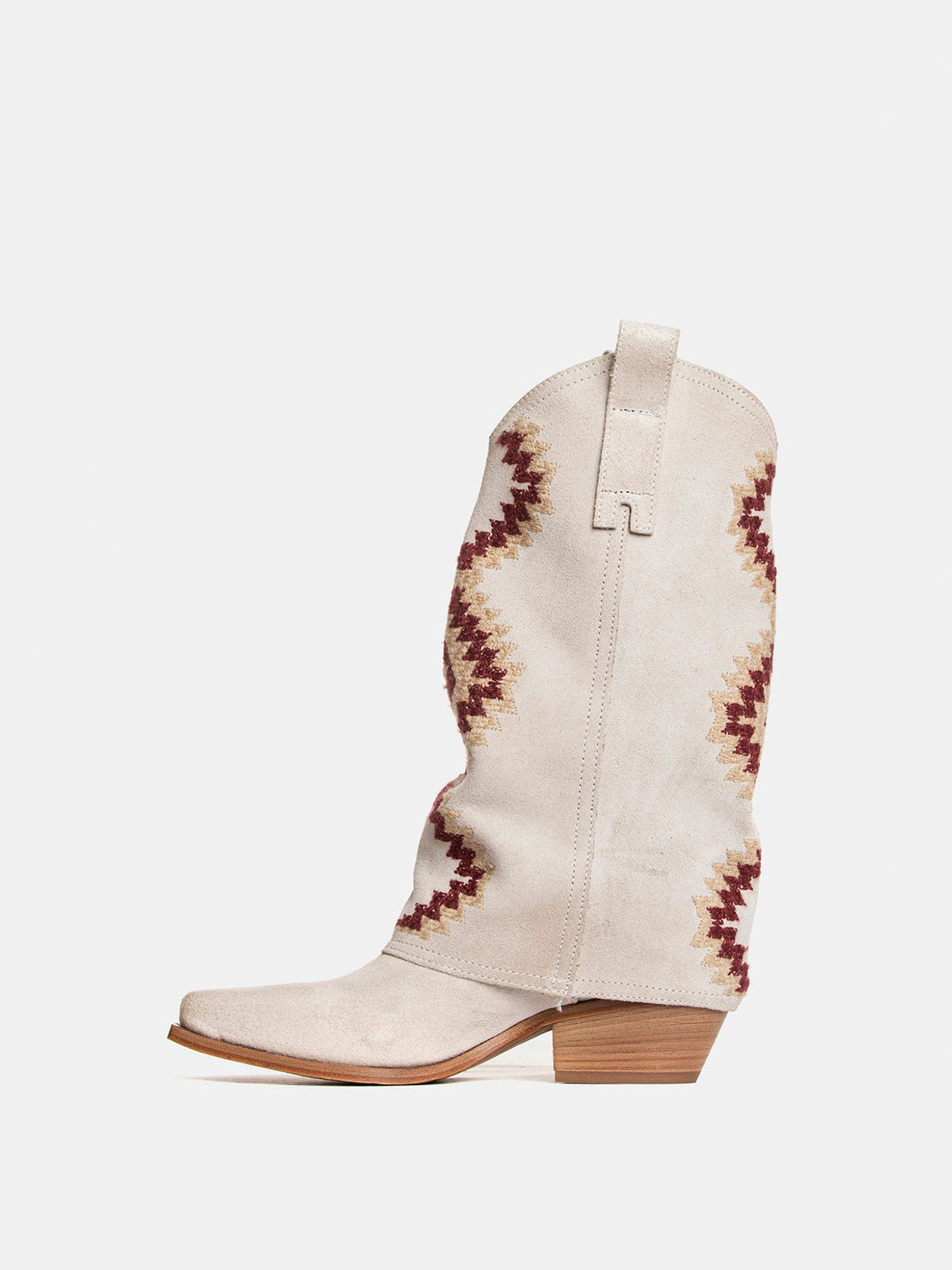 Side Fringe Snip-Toe Embroidery Fold-Over Mid Calf Cowgirl Boots - Ivory Faux Suede
