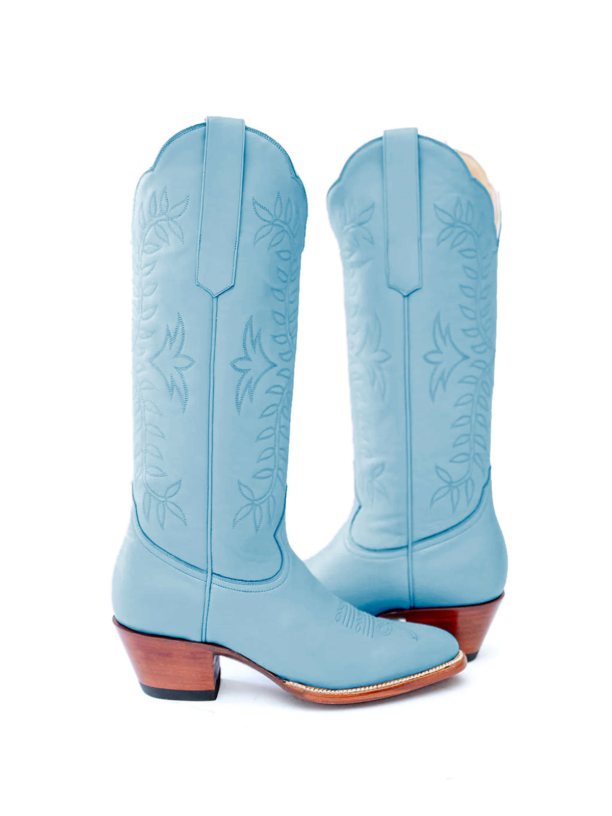 Leaves Embroidery Almond-Toe Wide Knee High Cowgirl Boots - Blue
