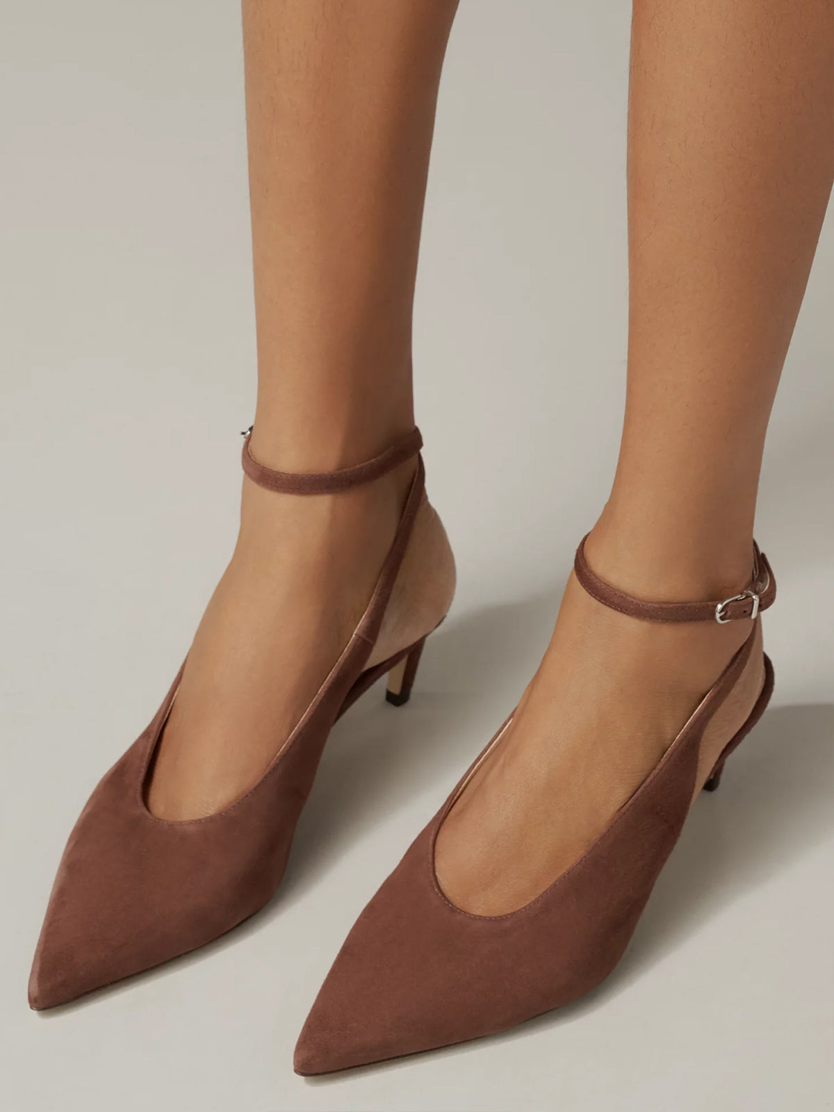 Brown Faux Suede Pointed-Toe Chic Slingback And Buckle Ankle Strap Kitten Heels