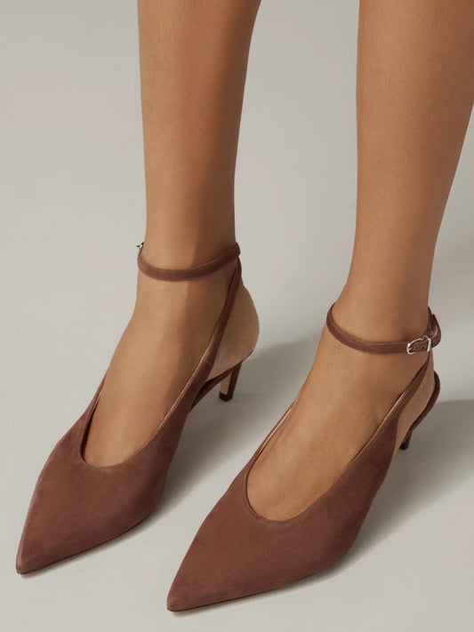 Brown Faux Suede Pointed-Toe Chic Slingback And Buckle Ankle Strap Kitten Heels