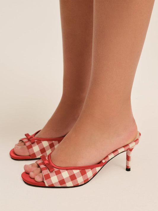 Red Satin And Gingham Round-Toe Bow Kitten Heels