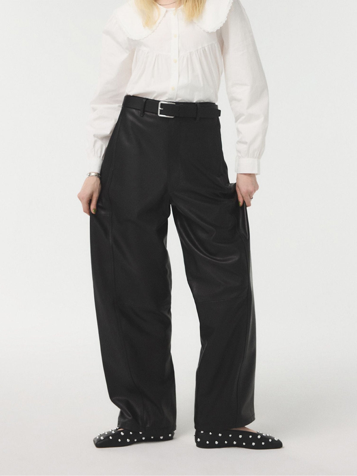 Black Square-Toe Full Studs Ankle Strap Ballet Flats