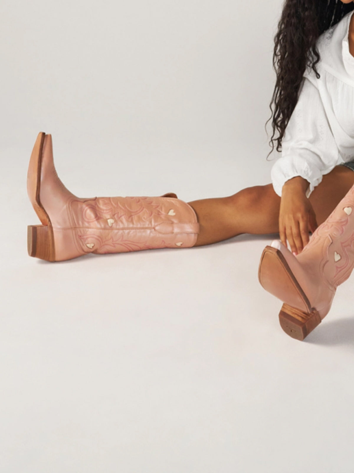 Metallic Rose Gold Snip-Toe Embroidery Heart Inlay Mid Calf Cowgirl Boots