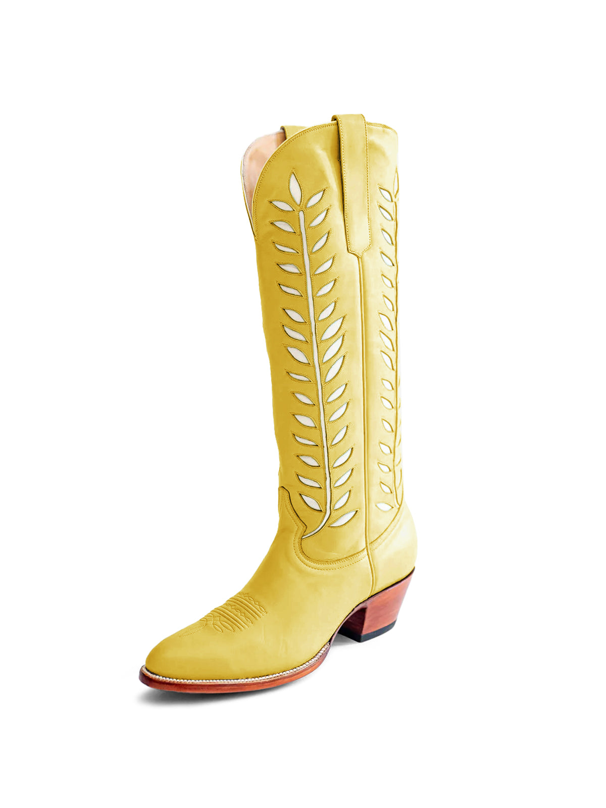 Almond-Toe White Leaves Inlay Wide Calf Tall Knee High Cowgirl Boots - Yellow