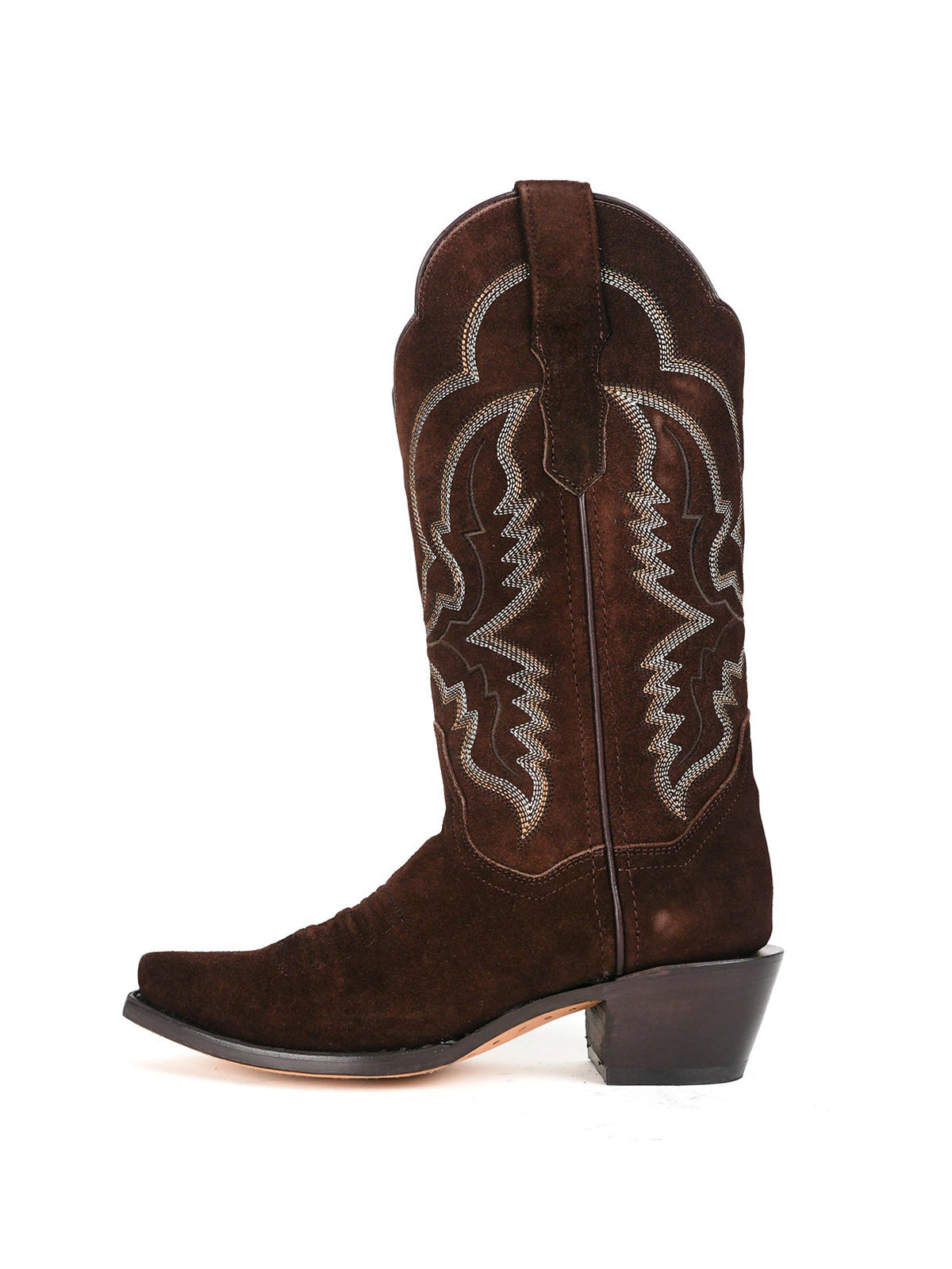Western Snip-Toe Embroidery Mid Calf Cowgirl Boots - Brown Faux Suede