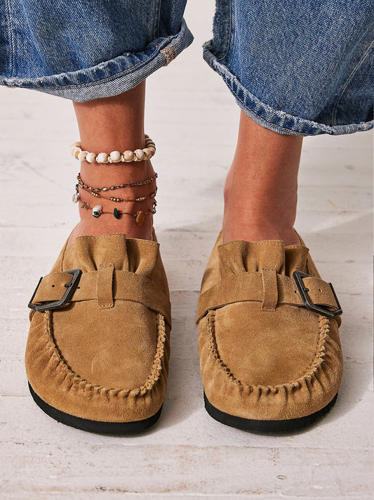 Tan Faux Suede Round-Toe Buckle Strap Backless Mules Flats