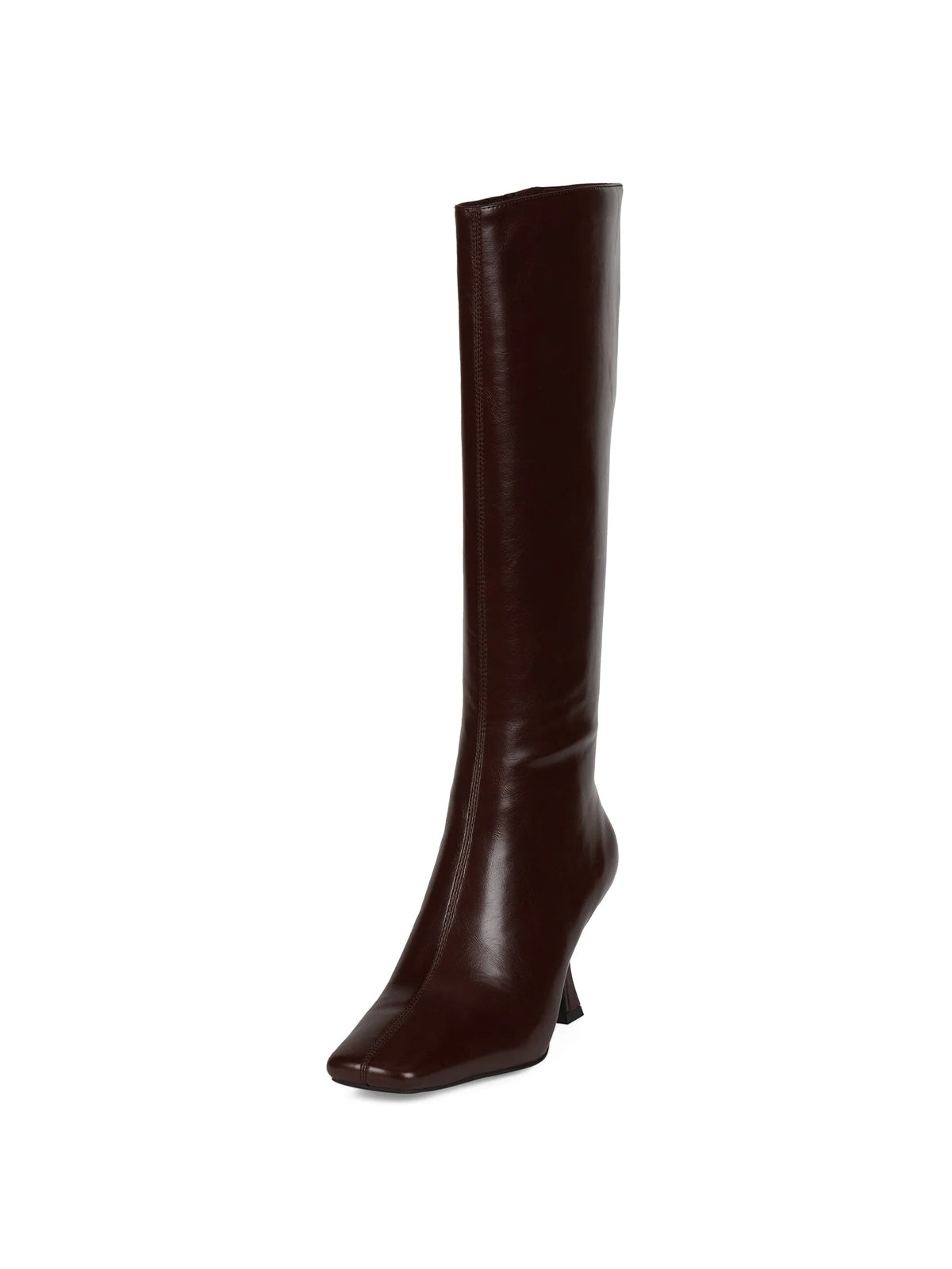 Coffee Square-Toe Wide Calf Simple Knee High Stiletto Boots