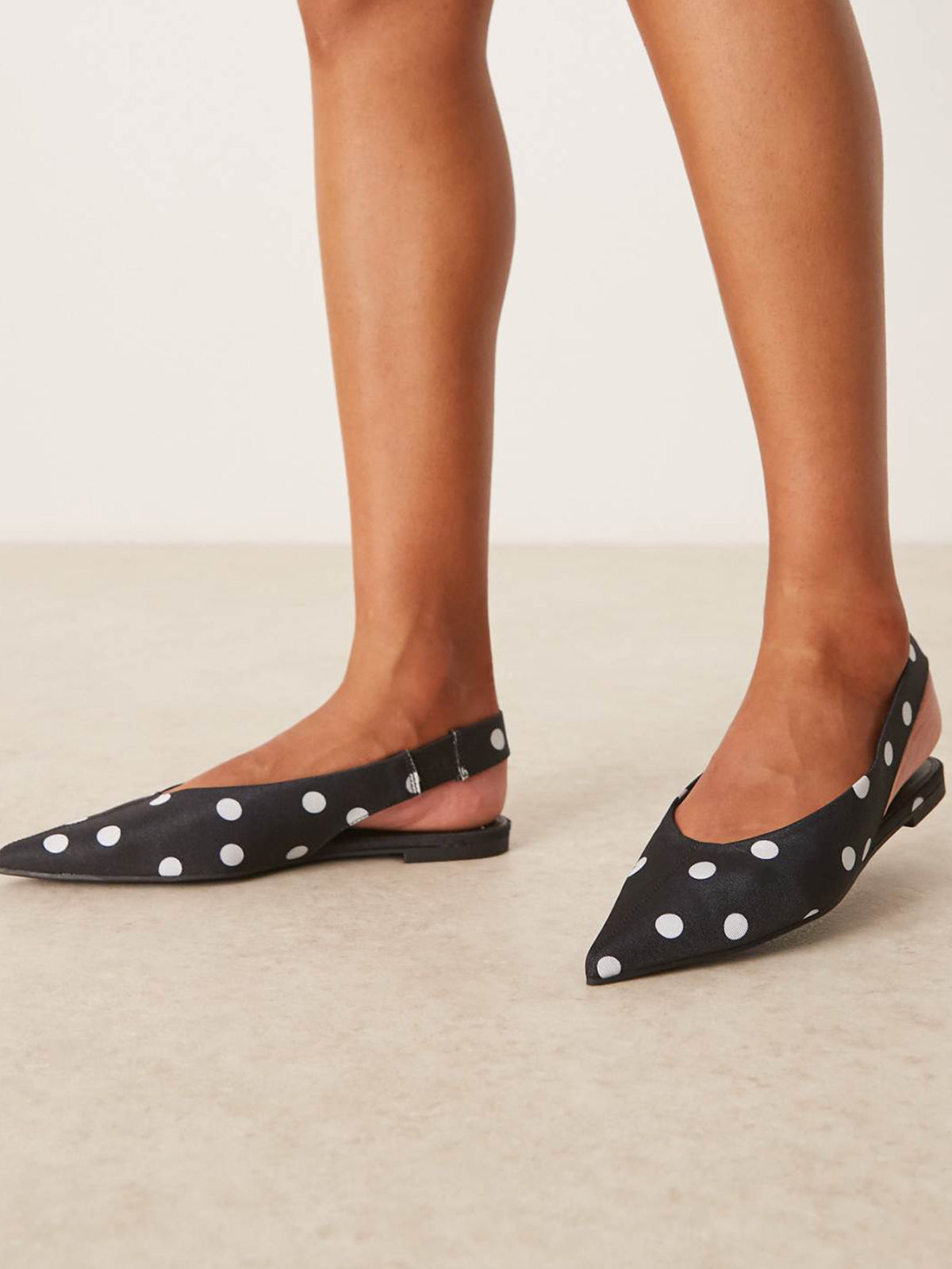 Black Polka Dot Satin Pointed-Toe Elasticated Slingback Strap Flats