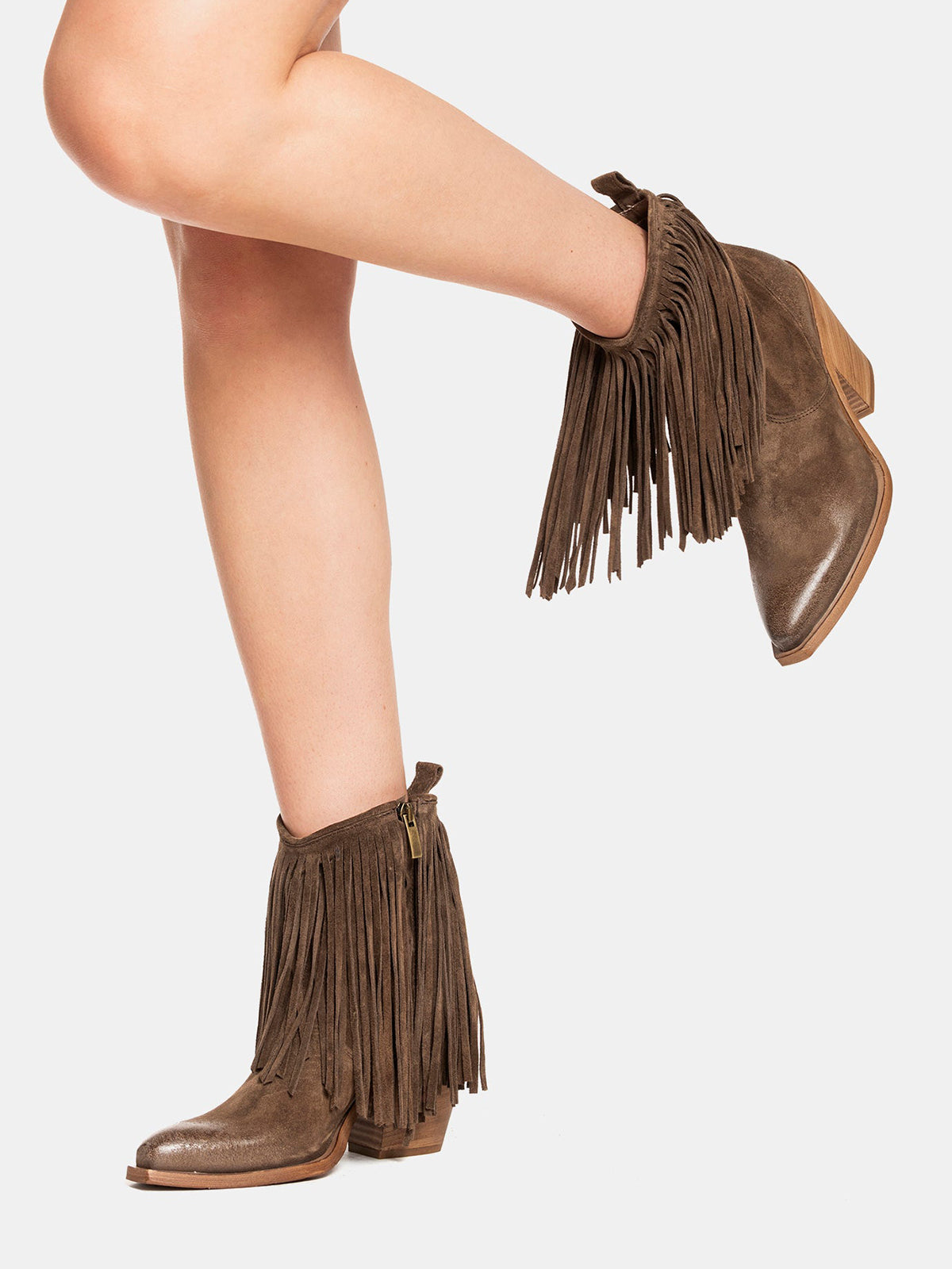 Dark Brown Faux Suede Snip-Toe Fringe Full-Zip Ankle Cowgirl Boots