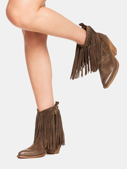 Dark Brown Faux Suede Snip-Toe Fringe Full-Zip Ankle Cowgirl Boots