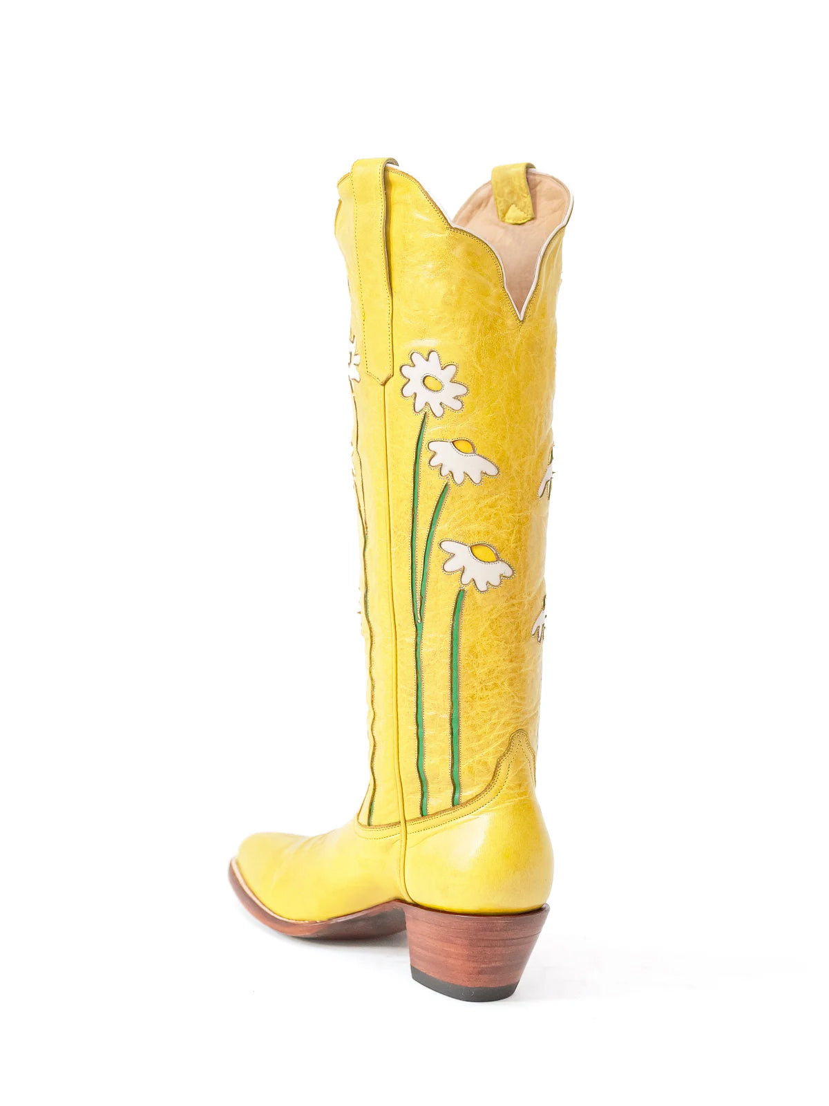 Yellow Almond-Toe Wide Calf Western Boots Knee High Tall Boots With Floral Inlay