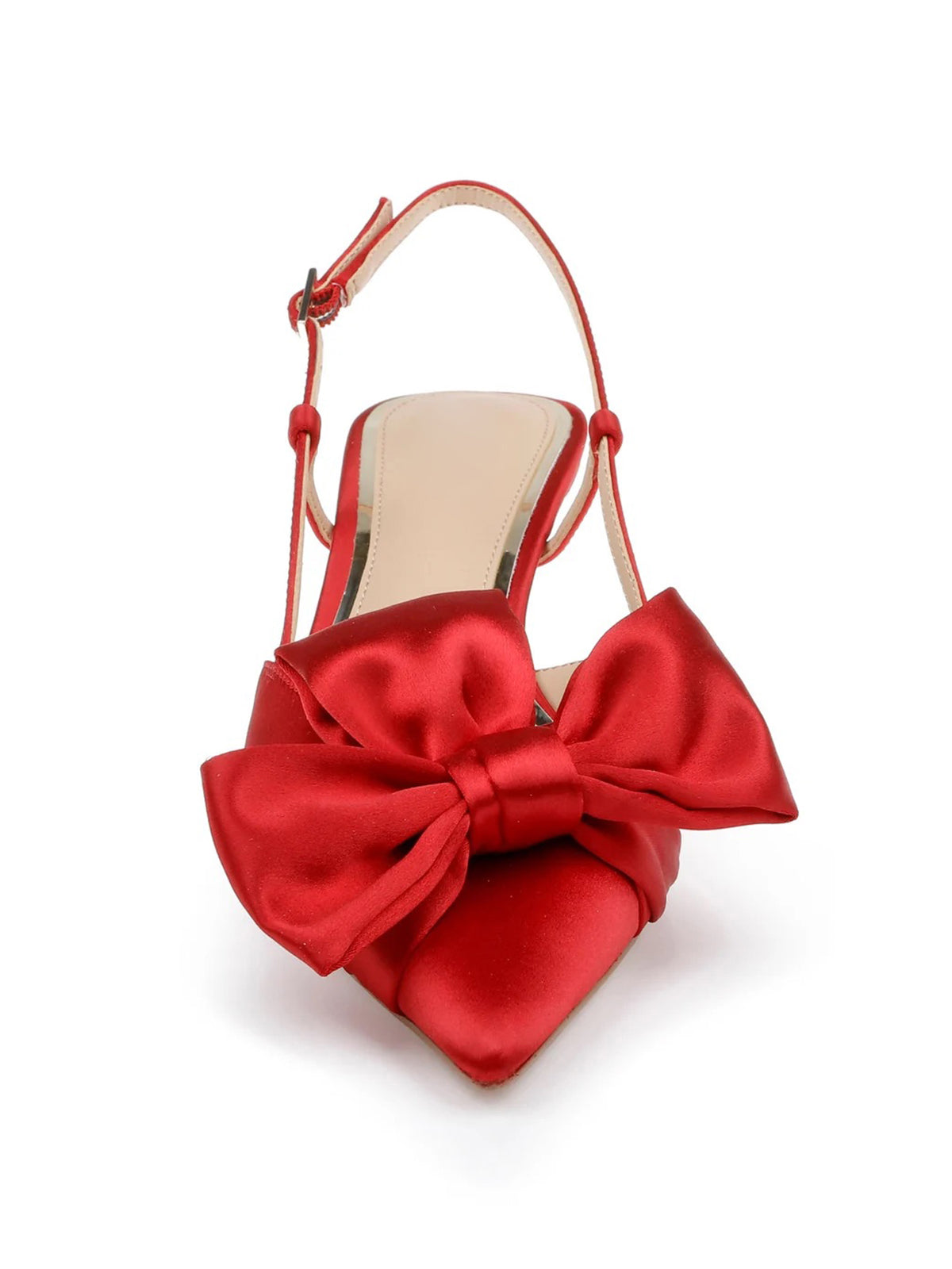 Red Satin Pointed-Toe Front Bow Slip-On Slingback Chic Kitten Heels
