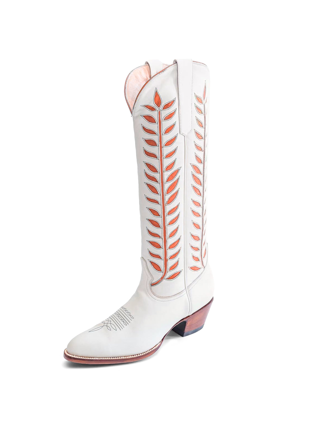 Almond-Toe Orange Leaves Inlay Wide Calf Tall Knee High Cowgirl Boots - White