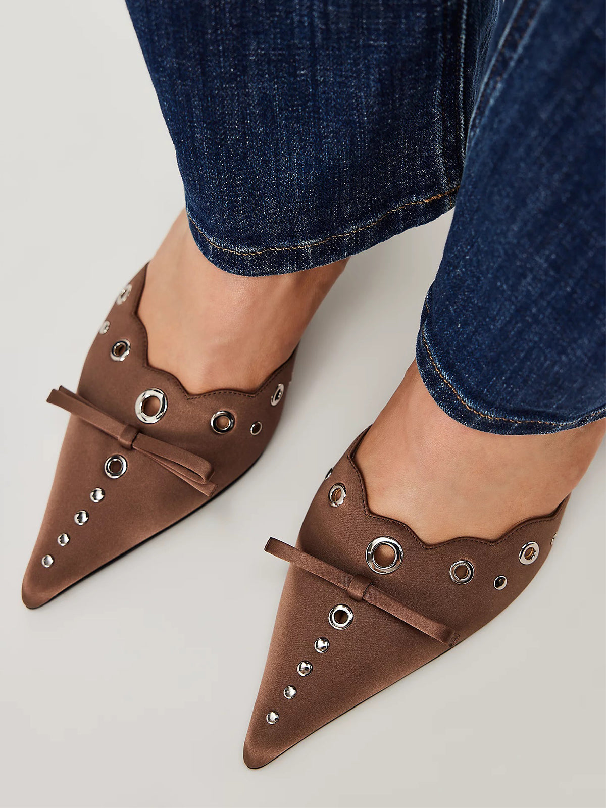 Coffee Satin Pointed-Toe Front Knot And Studs And Eyelets Kitten Heels