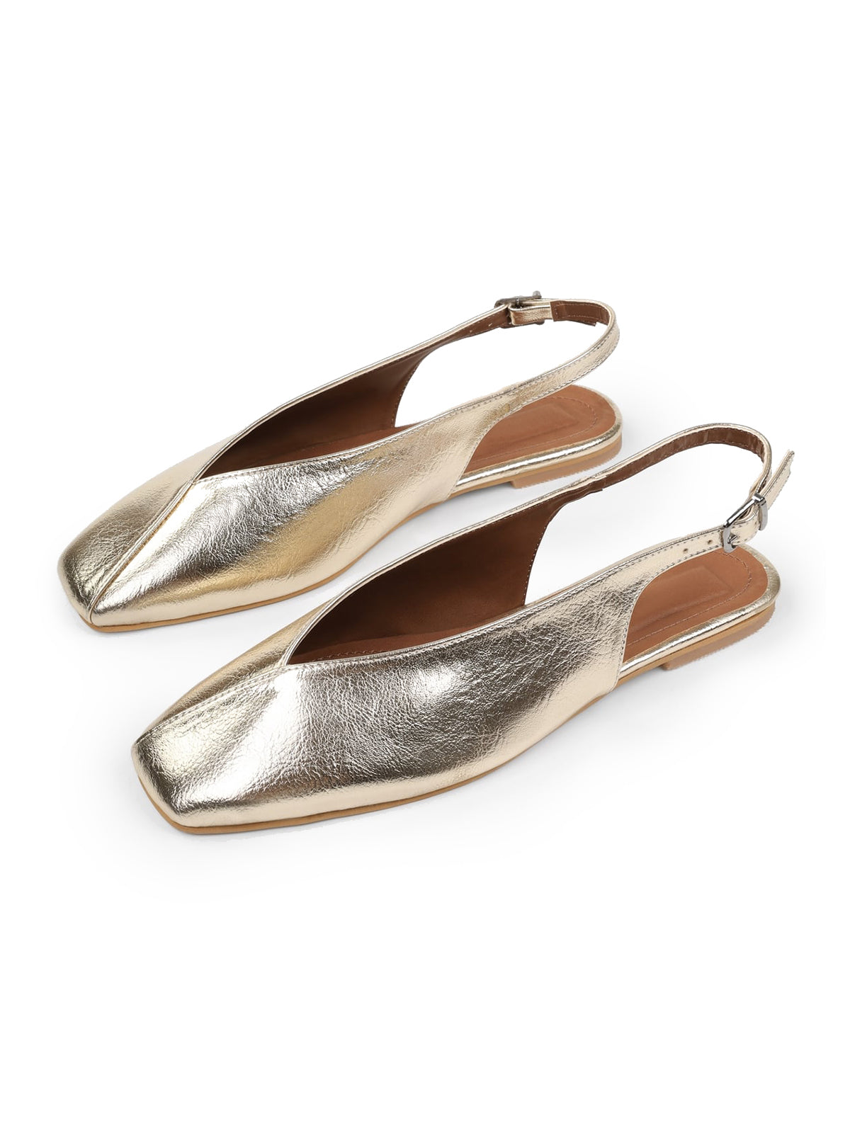 Metallic Gold Square-Toe Classic Buckle Back Strap Slip-On Flats