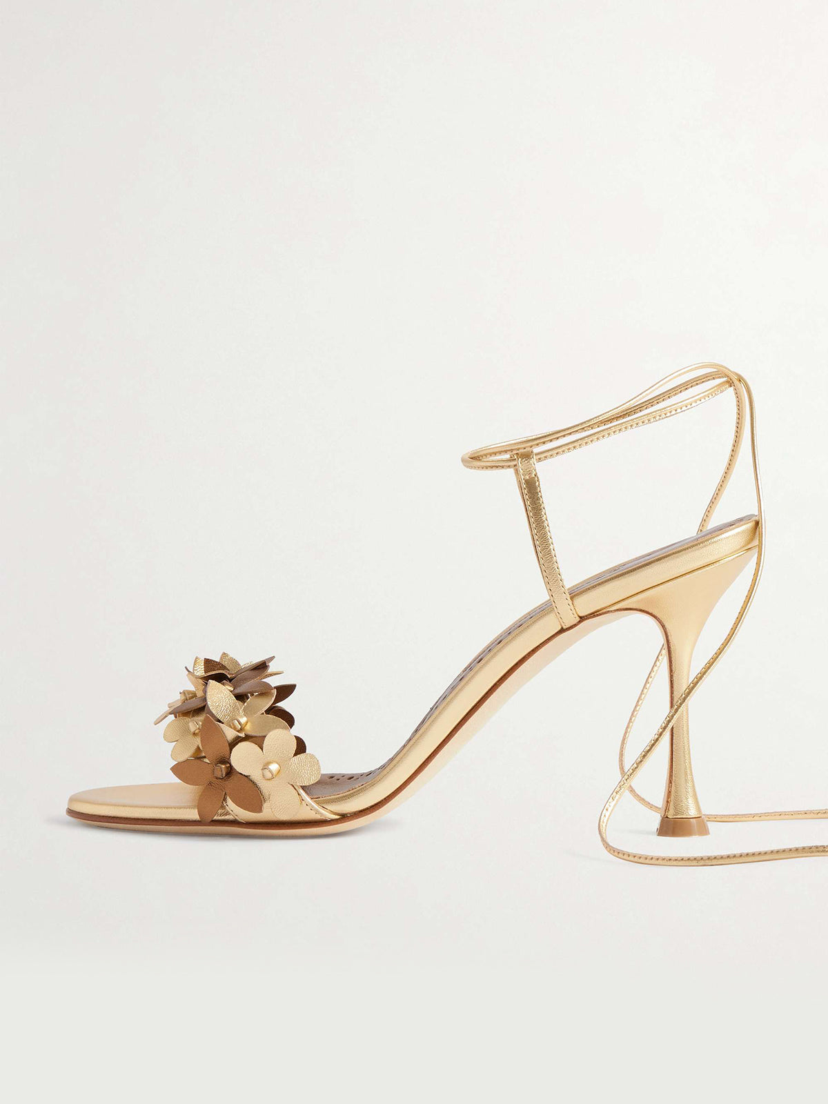 Metallic Gold Round-Toe Flowers Applique Ankle Strap High Heels