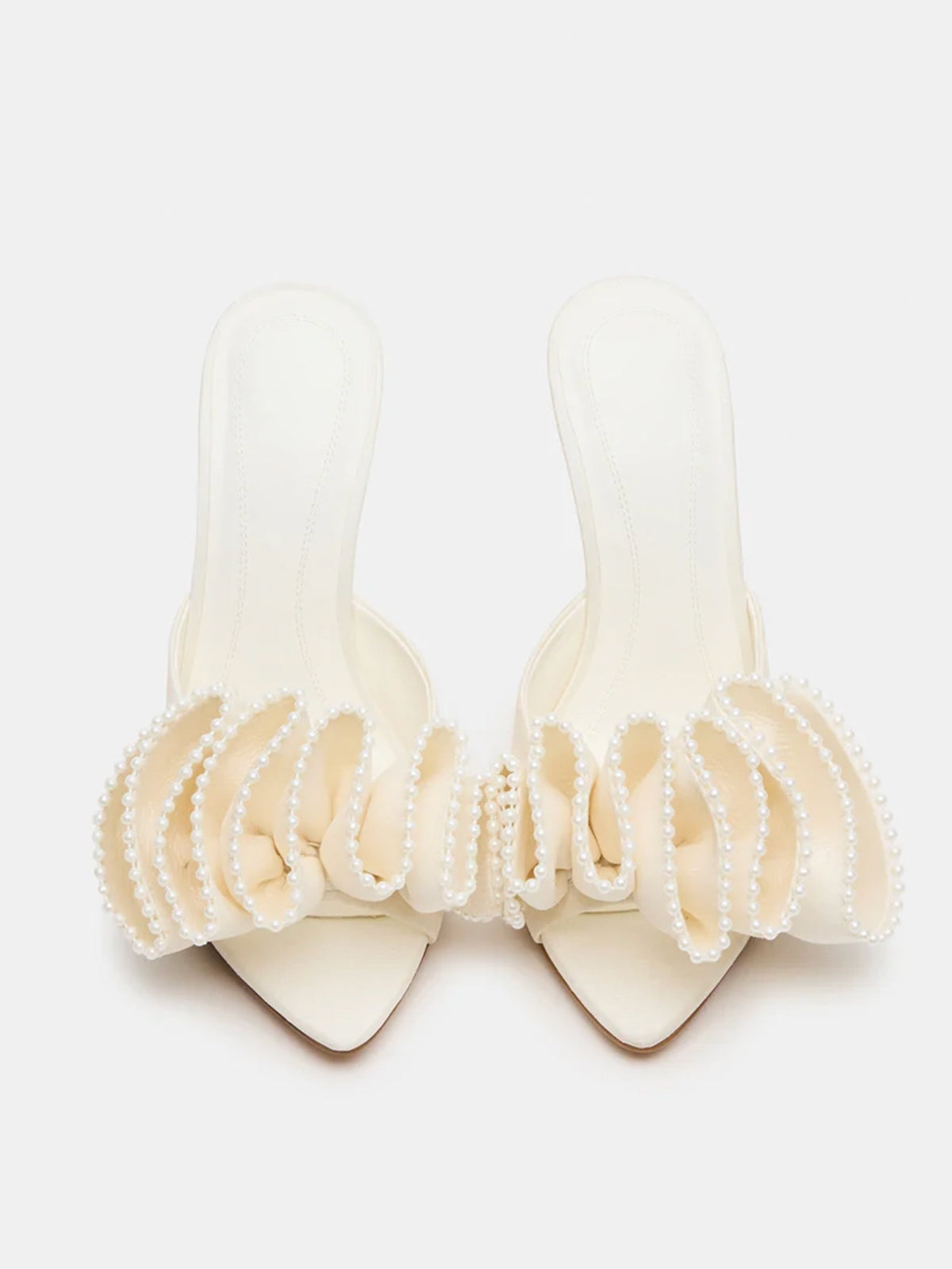 Pointed-Toe Slip-On Pearl Ruffle High Heels - Ivory