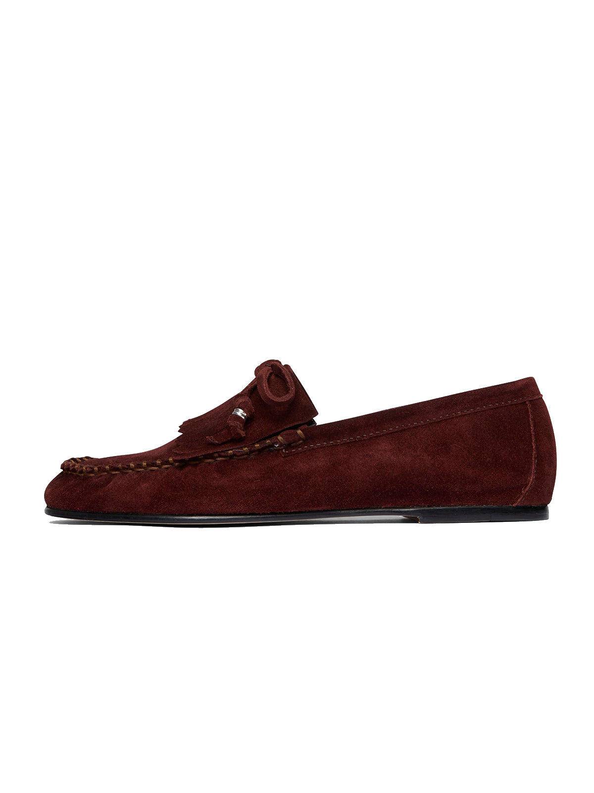 Burgundy Cow Suede Round-Toe Front Bow And Fringe Flats