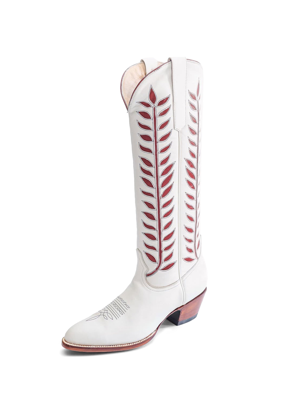 Almond-Toe Wine Red Leaves Inlay Wide Calf Tall Knee High Cowgirl Boots - White