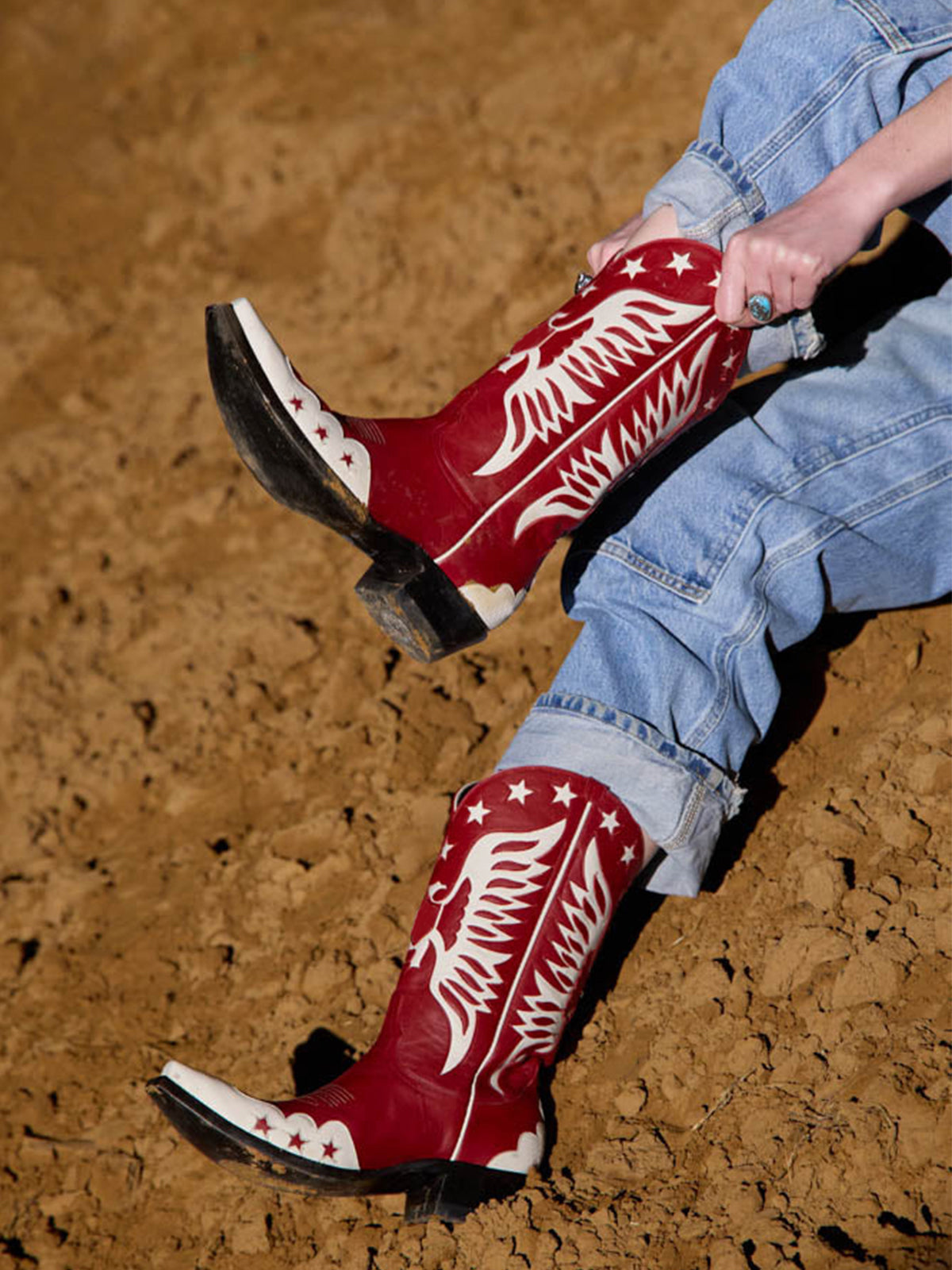 Red Snip-Toe Ivory Eagle And Star Inlay Chic Mid Calf Cowgirl Boots