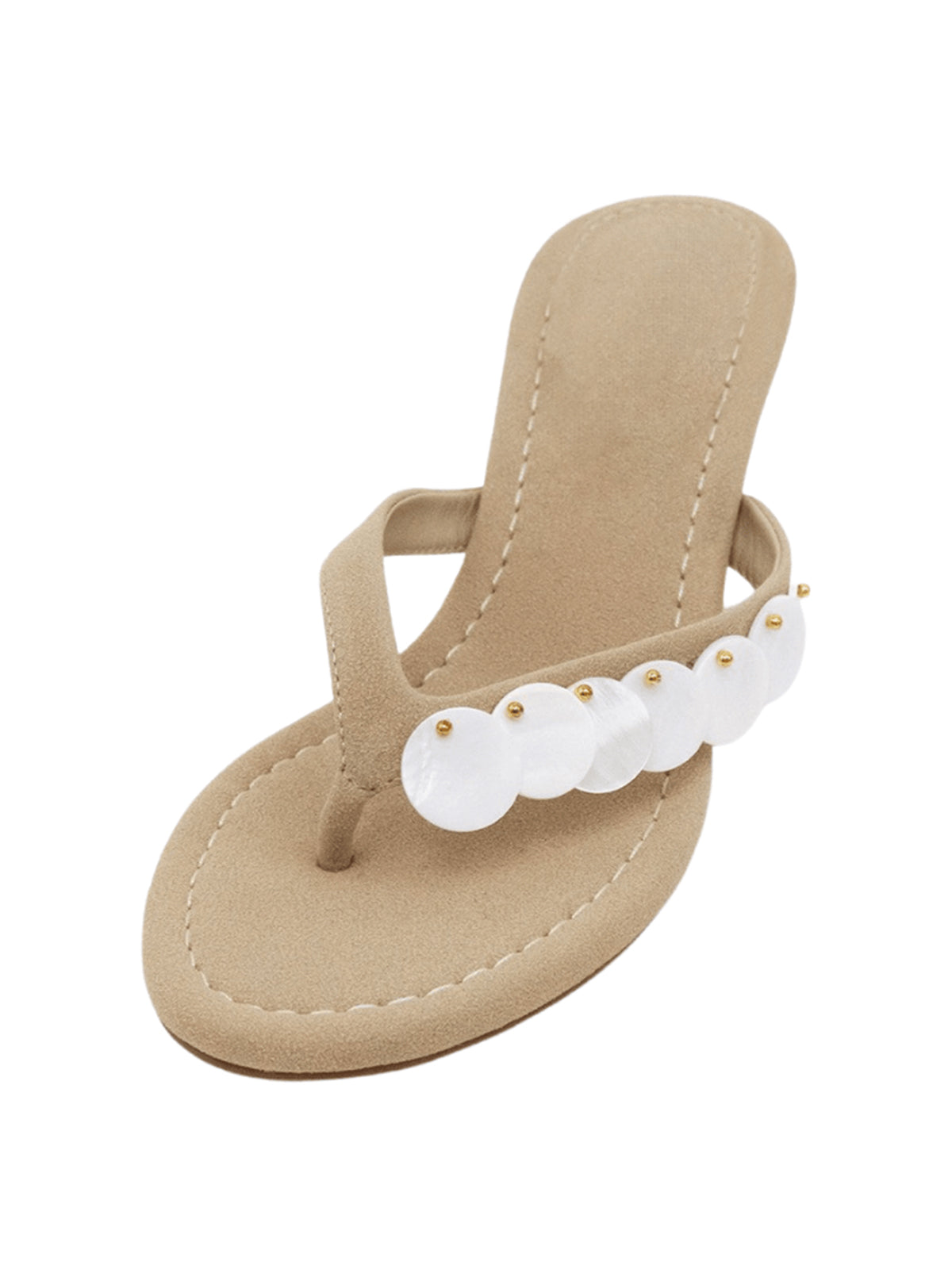 Sand Faux Suede Round-Toe Flip-Flop With Mother Of Pearl Kitten Heels