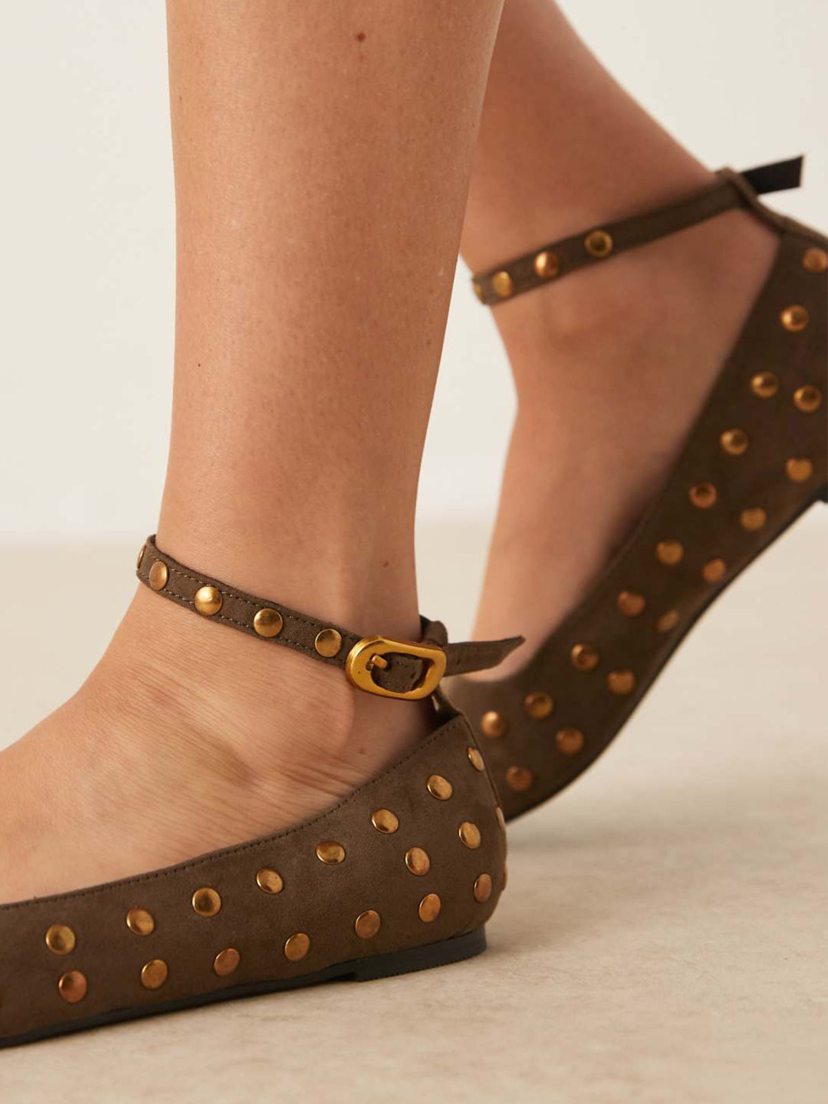 Olive Green Faux Suede Square-Toe Full Studs Ankle Strap Flats