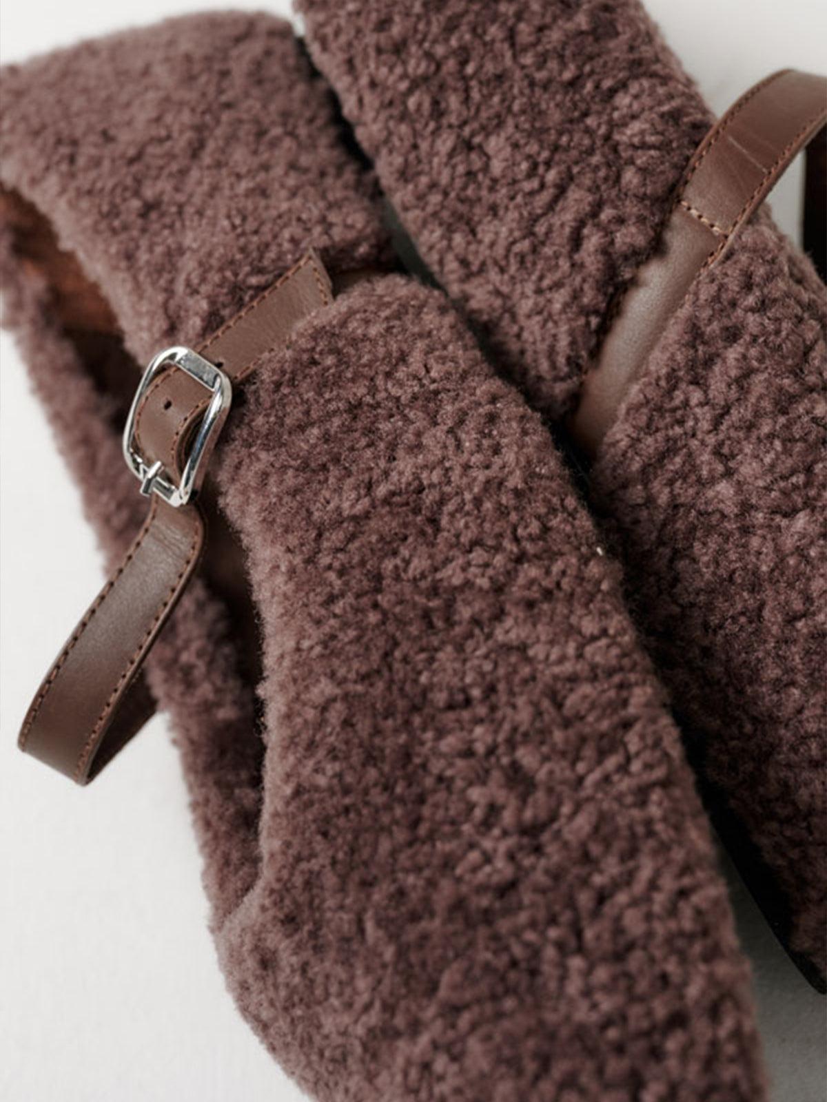 Coffee Plush Round-Toe Buckle Bridge Strap Classic Flats