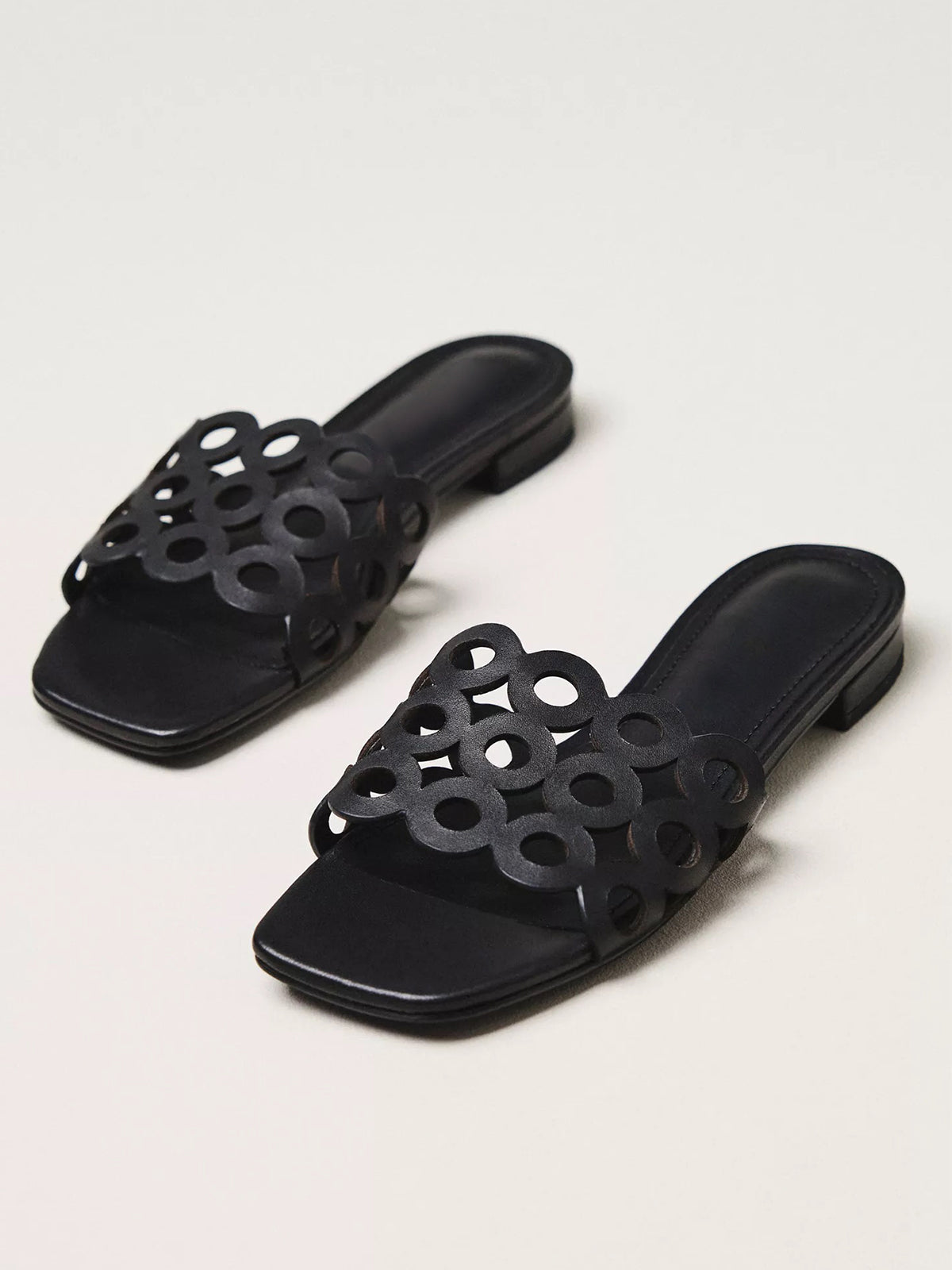 Black Square-Toe Cutout Slide Backless Sandals Flats