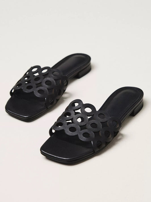 Black Square-Toe Cutout Slide Backless Sandals Flats