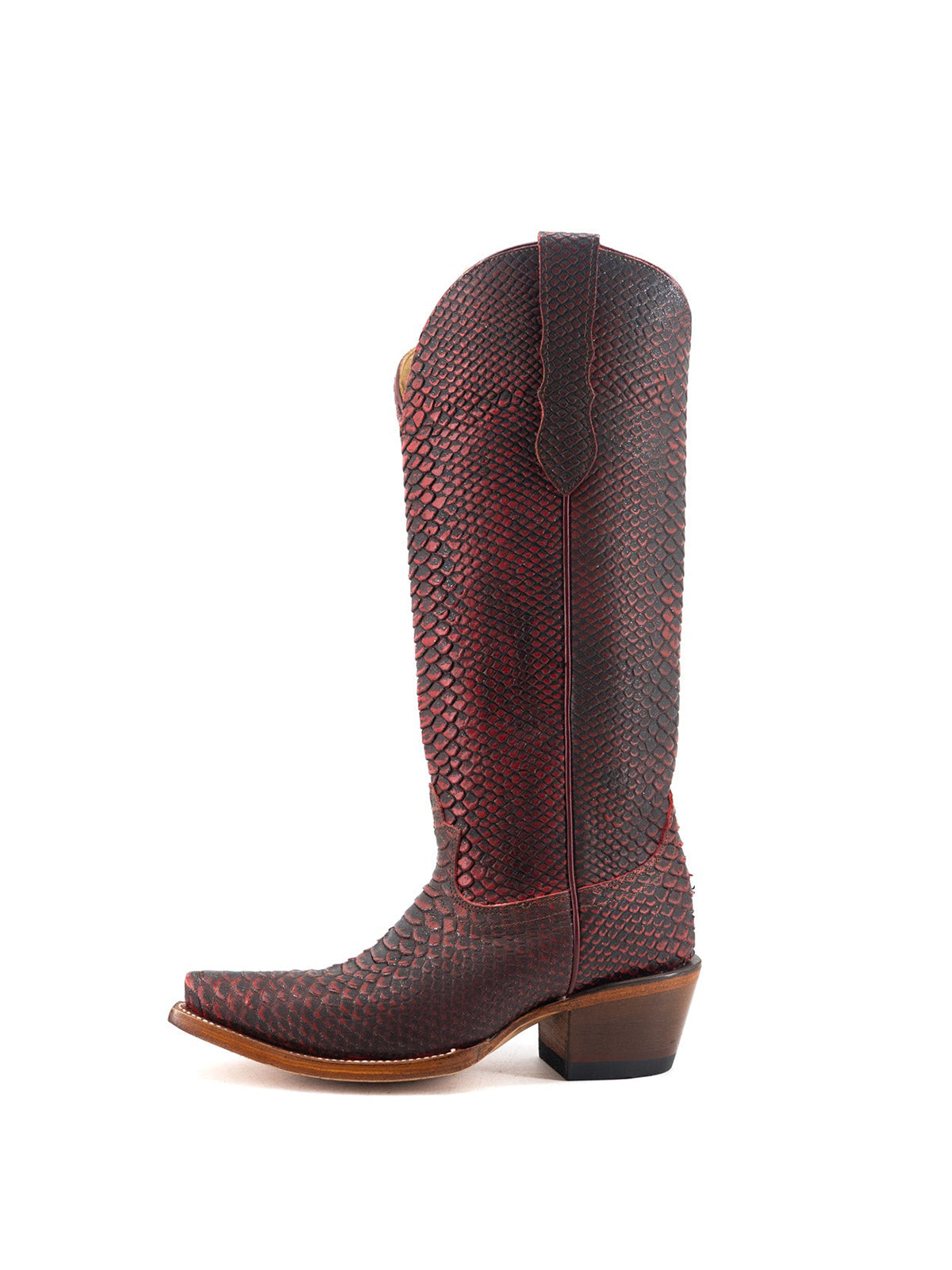 Wine Red Snakeskin Print Snip-Toe Half-Zip Knee High Cowgirl Boots