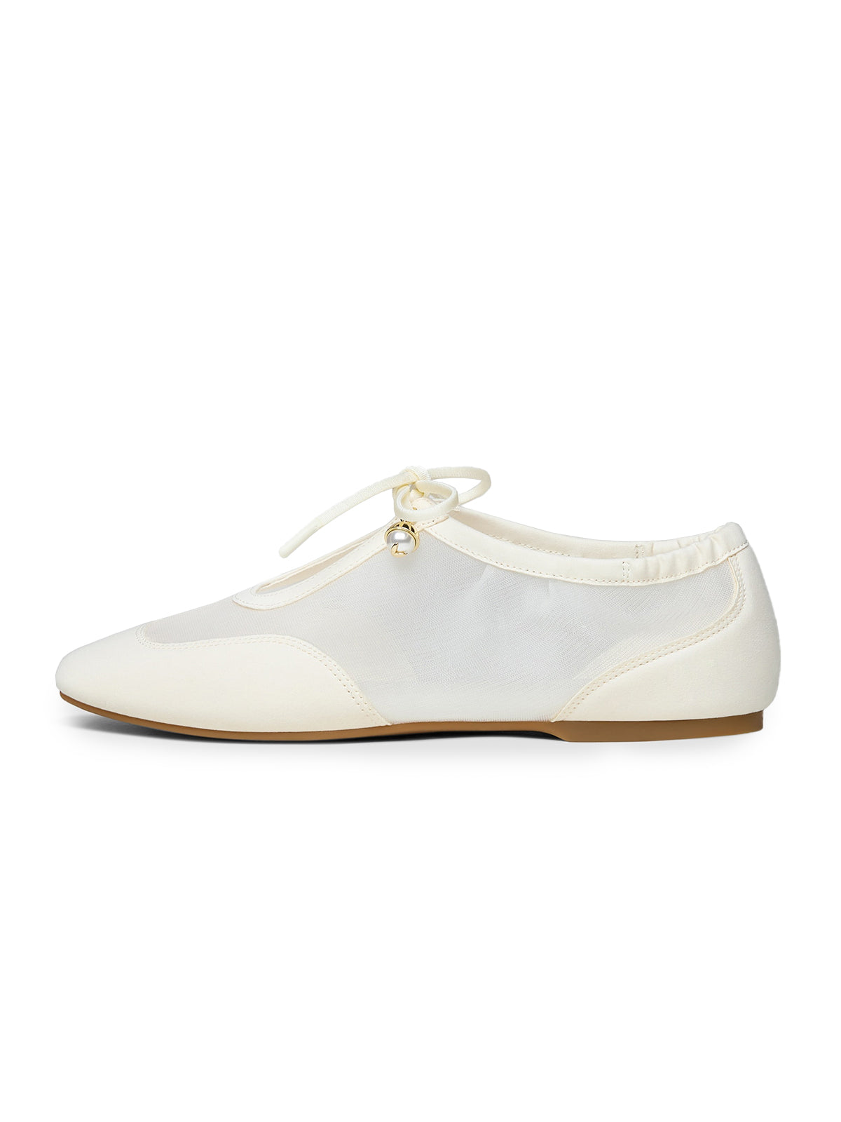 Ivory Mesh And Faux Suede Square-Toe Floral Embroidery Bridge Bow Strap Flats