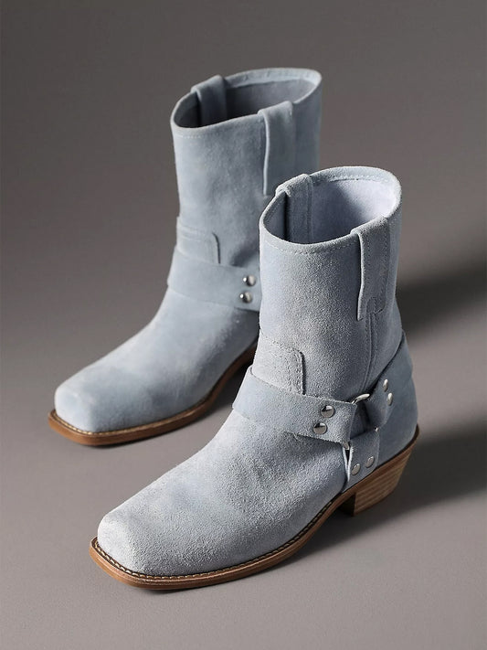 Blue Faux Suede Square-Toe Buckles Cowgirl Ankle Boots