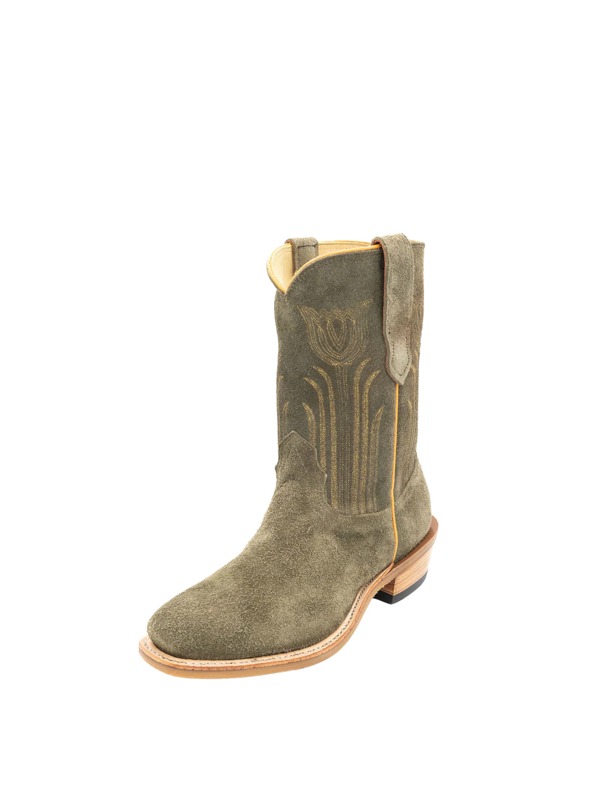 Olive Green Snip-Toe Tulip Embroidery Ankle Cowgirl Boots