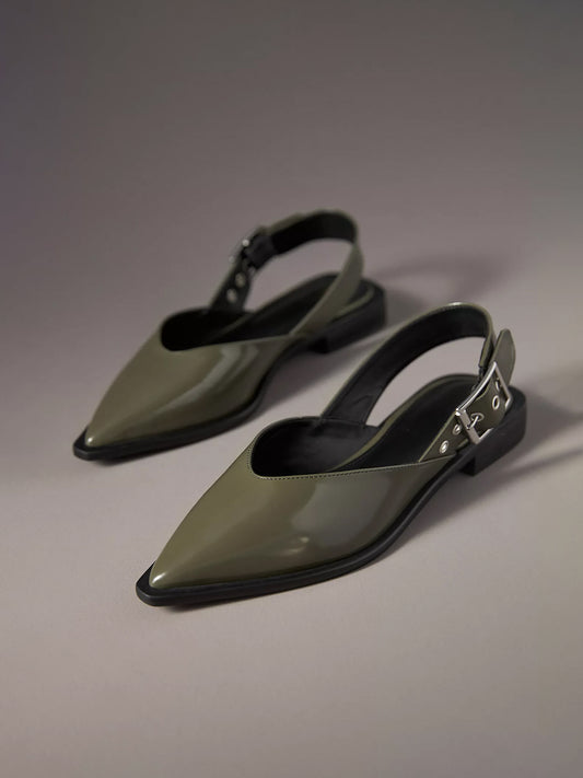 Olive Green Pointed-Toe Buckle Slingback Flats